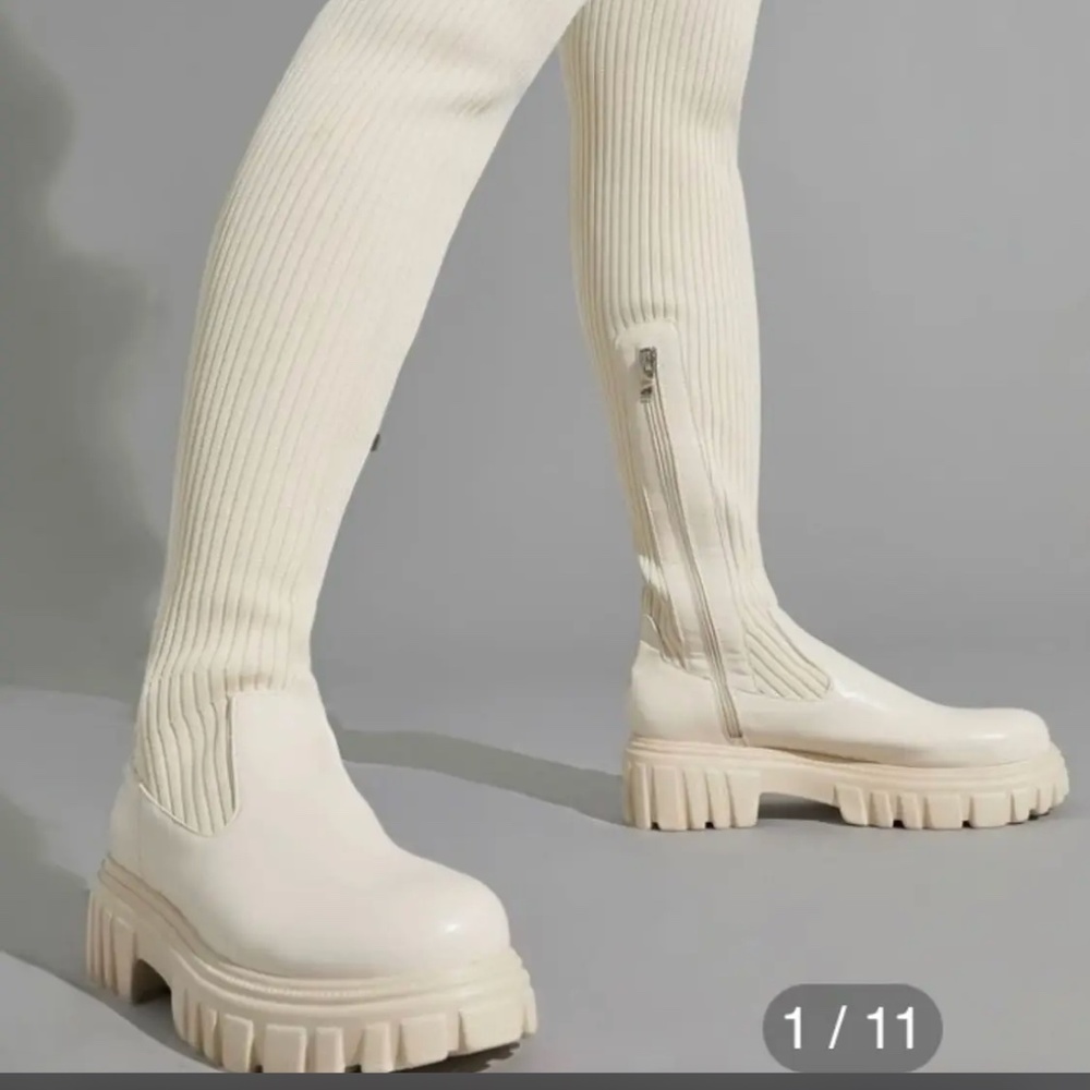 Cream stretchy knee boots